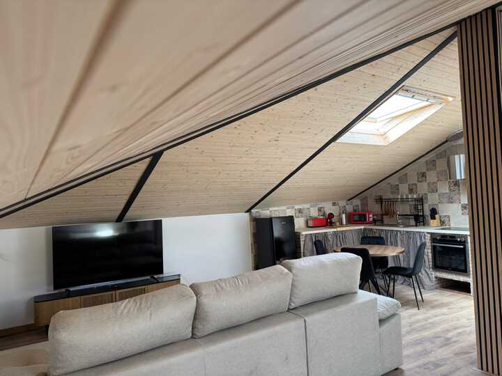 habitación del águila con sillón de tres plazas convertible a cama, televisor, cocina completa, mesita con cuatro sillas, techo abuhardillado con ventana en el techo